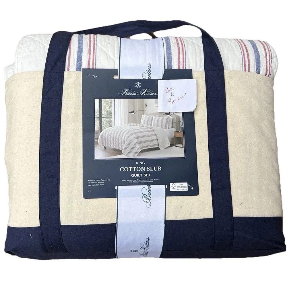 Brooks Brothers Blue Red White Stripes King Cotton Slub Quilt Set 106x92” New